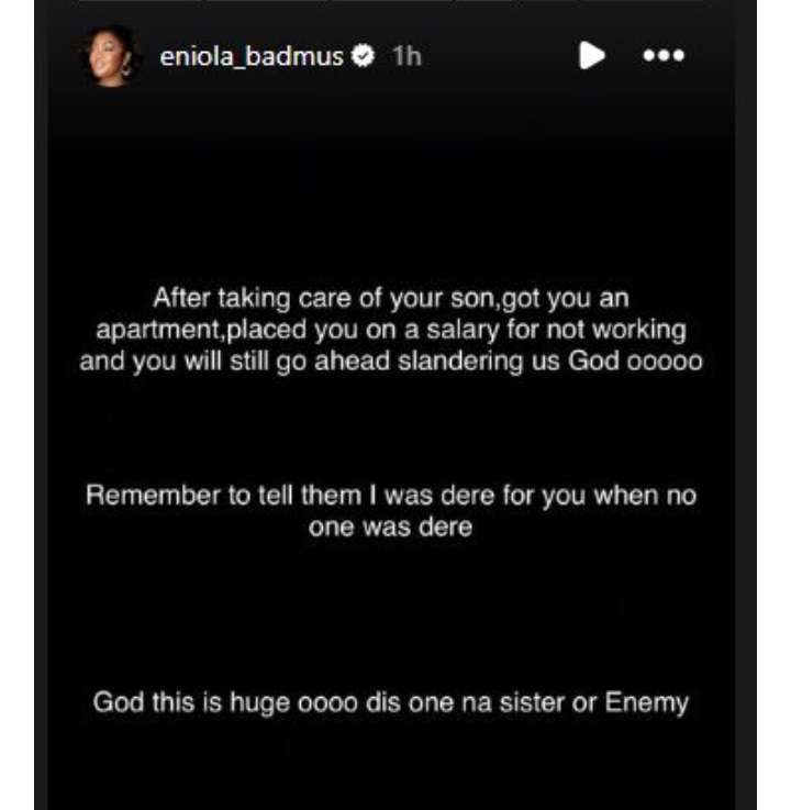“I was there when no one was there” – Eniola Badmus sheds light on her post about Davido and Chioma