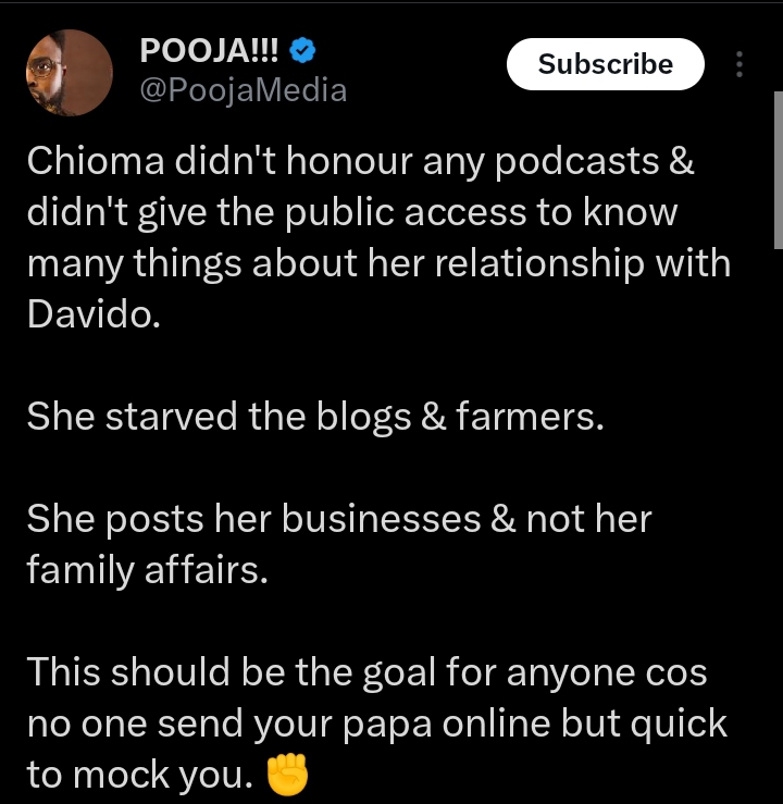 "She posts her businesses & not her family affairs" Media personality, Pooja showers praises on Chioma for keeping her relationship with Davido Private