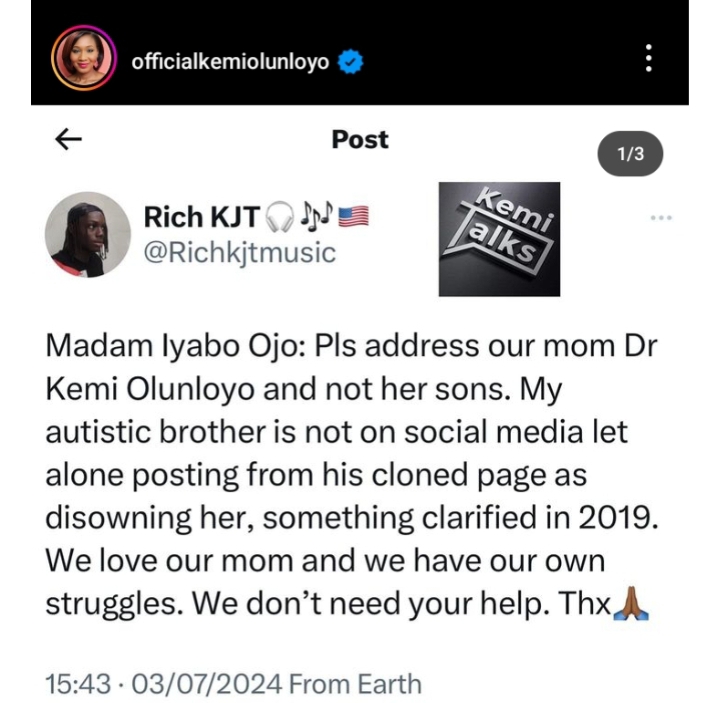 “Pls address our mom and not her sons” – Kemi Olunloyo’s son, Rich KJT responds to Iyabo Ojo, talks about his relationship with his mother 