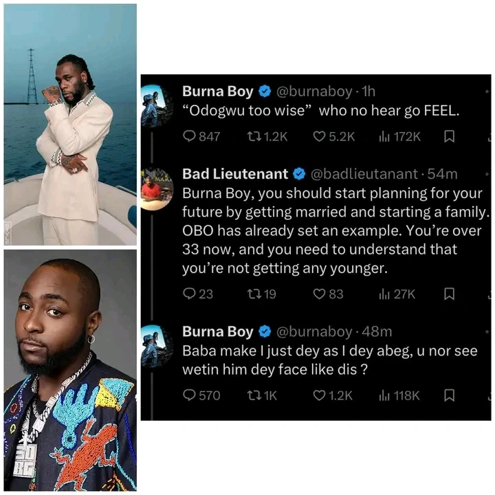 “Don’t you see what he is facing? Adekunle Gold is a better example” – Burna Boy disses Davido as he replies fan who told him to follow singer’s lead and start a family