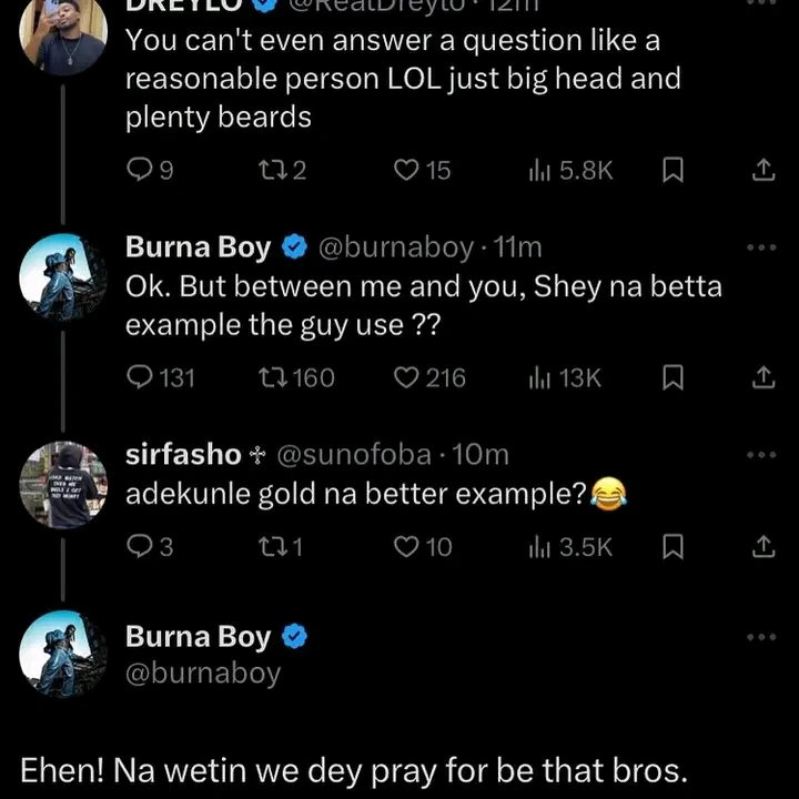 “Don’t you see what he is facing? Adekunle Gold is a better example” – Burna Boy disses Davido as he replies fan who told him to follow singer’s lead and start a family