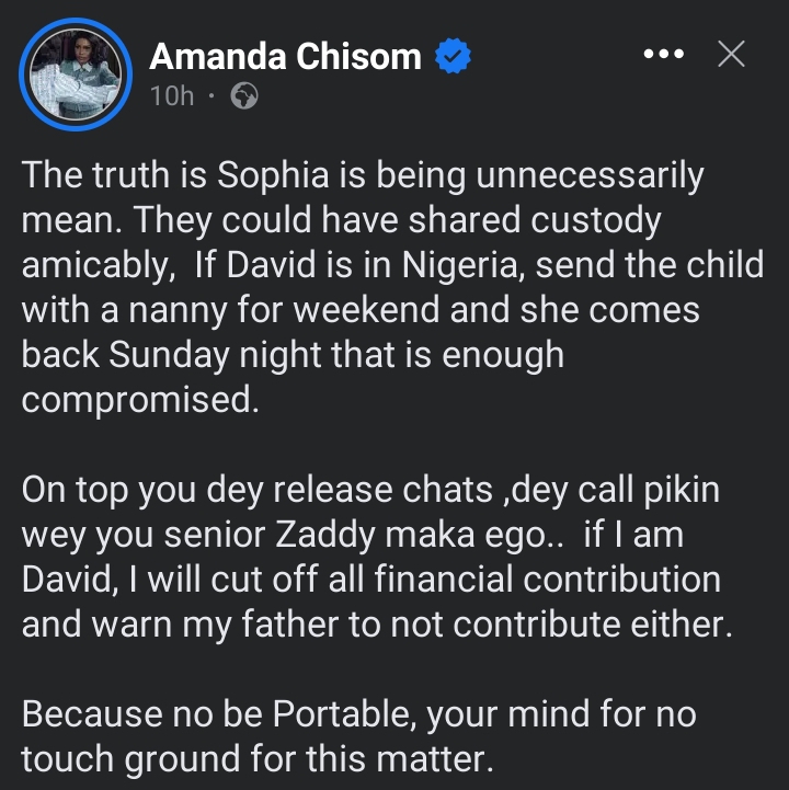 "You are mean. Because no be Portable, your mind for no touch ground for this matter" Amanda Chisom slams Sophia Momodu over custody battle with Davido