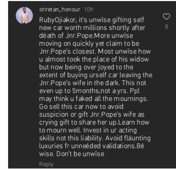 “It is unwise gifting yourself a new car shortly after the death of Junior Pope” – Mr Unwise slams Ruby Ojiakor, orders her to sell the car