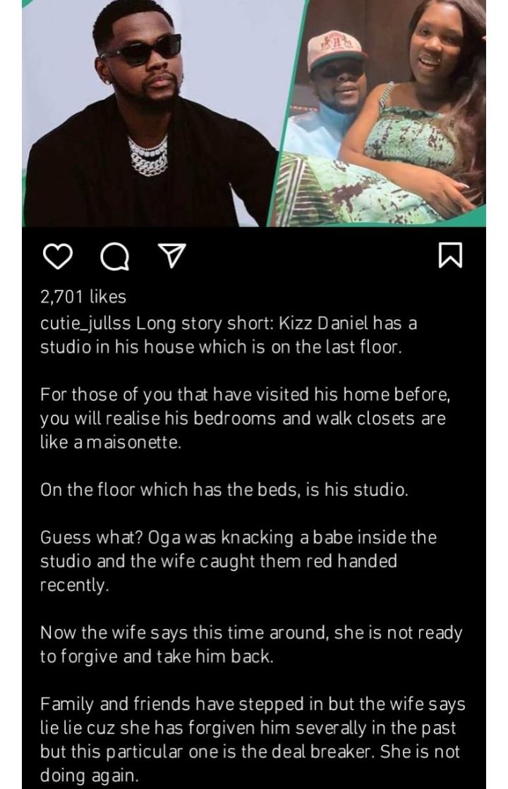 “If it’s Chioma, she will forgive him” – Netizens react as Kizz Daniel’s wife allegedly ends their marriage over infidelity