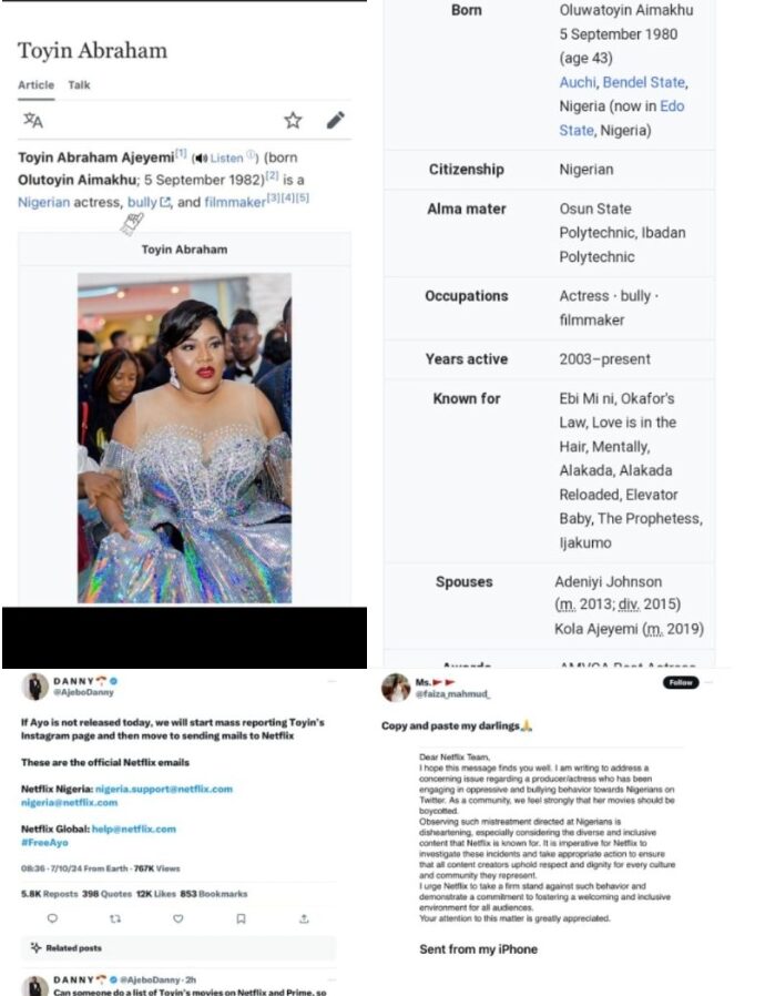 Drama as Nigerians massively report Toyin Abraham to Netflix; Wikipedia tags actress a bully