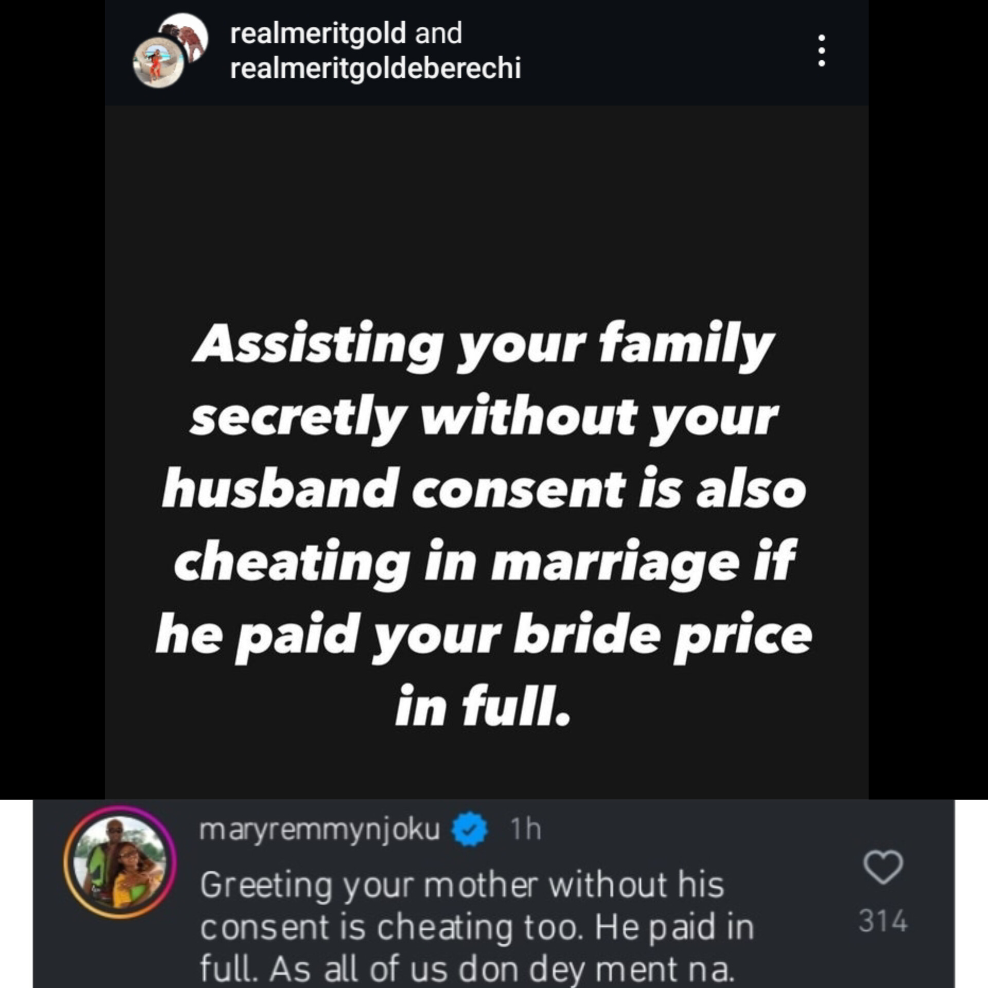 “Greeting your mother without his consent is also cheating” – Mary Njoku knocks junior colleague, Merit Gold over her message to wives