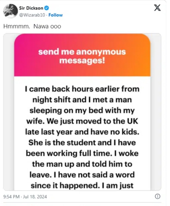 Nigerian man in UK devastated as he finds his wife in bed with another man just months after their relocation