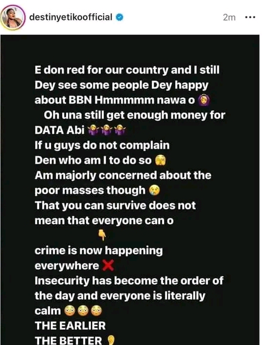 "Una still get enough money for DATA abi?" Destiny Etiko slams Nigerians for prioritizing BBNaija over national issues