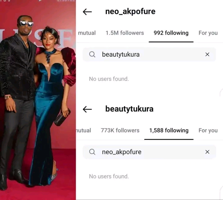 "Una don br£ak up?"- Reactions as BBNaija Lovebirds, Beauty Tukura and Neo Akpofure unfollow each other on instagram (DETAILS)