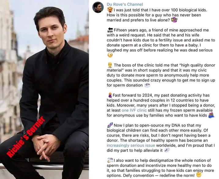 Telegram CEO, Pavel Durov reveals how he fathered over 100 Biological Children despite never being married