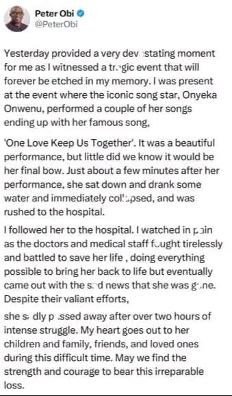 "After her performance, she sat down and drank some water and immediately collapsed"- Peter Obi recounts how Onyeka Onwenu passed away (DETAILS)