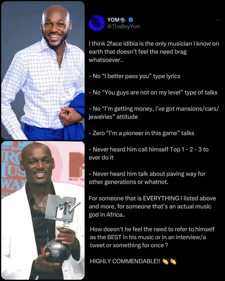 "He is the only musician I know on earth that doesn’t feel the need brag whatsoever" Fan showers praises on 2face Idibia for humility