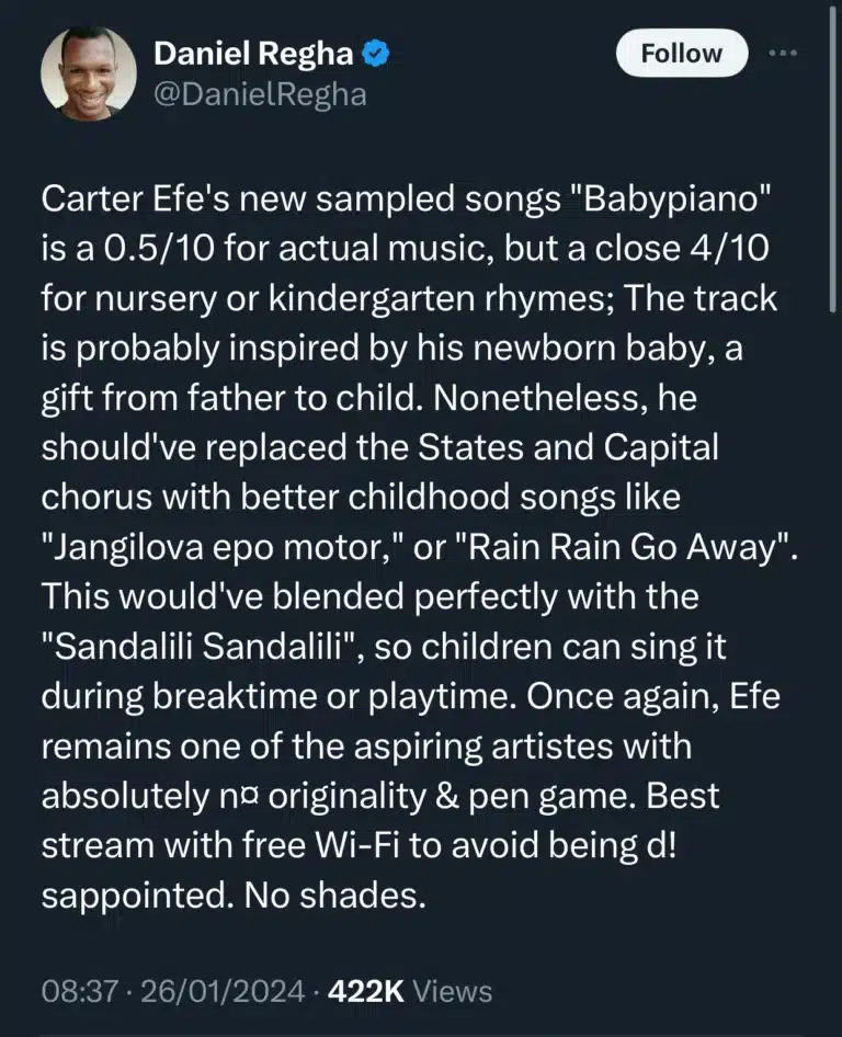 Daniel Regha critiques Carter Efe’s new song
