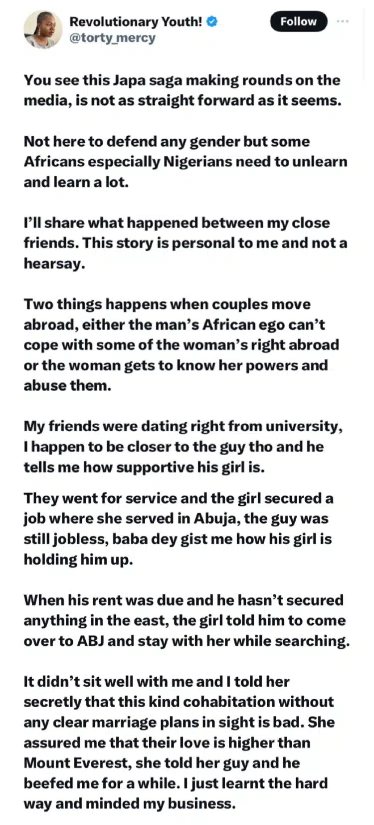 Lady shares how her friend dumped his girlfriend after using her life savings to travel to UK