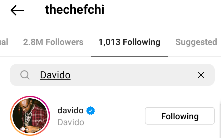 Chioma follows Davido on Instagram