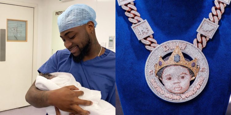 Davido reveals the face of his son, Ifeanyi on N150million customized Diamond necklace (Photos)