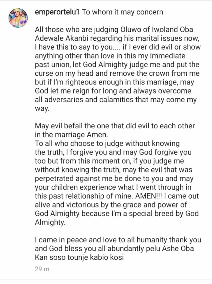 Oluwo of Iwoland curses his ex-queen, Olori Chanel Chin as he clears the air on his failed Marriage – Here is what he Said