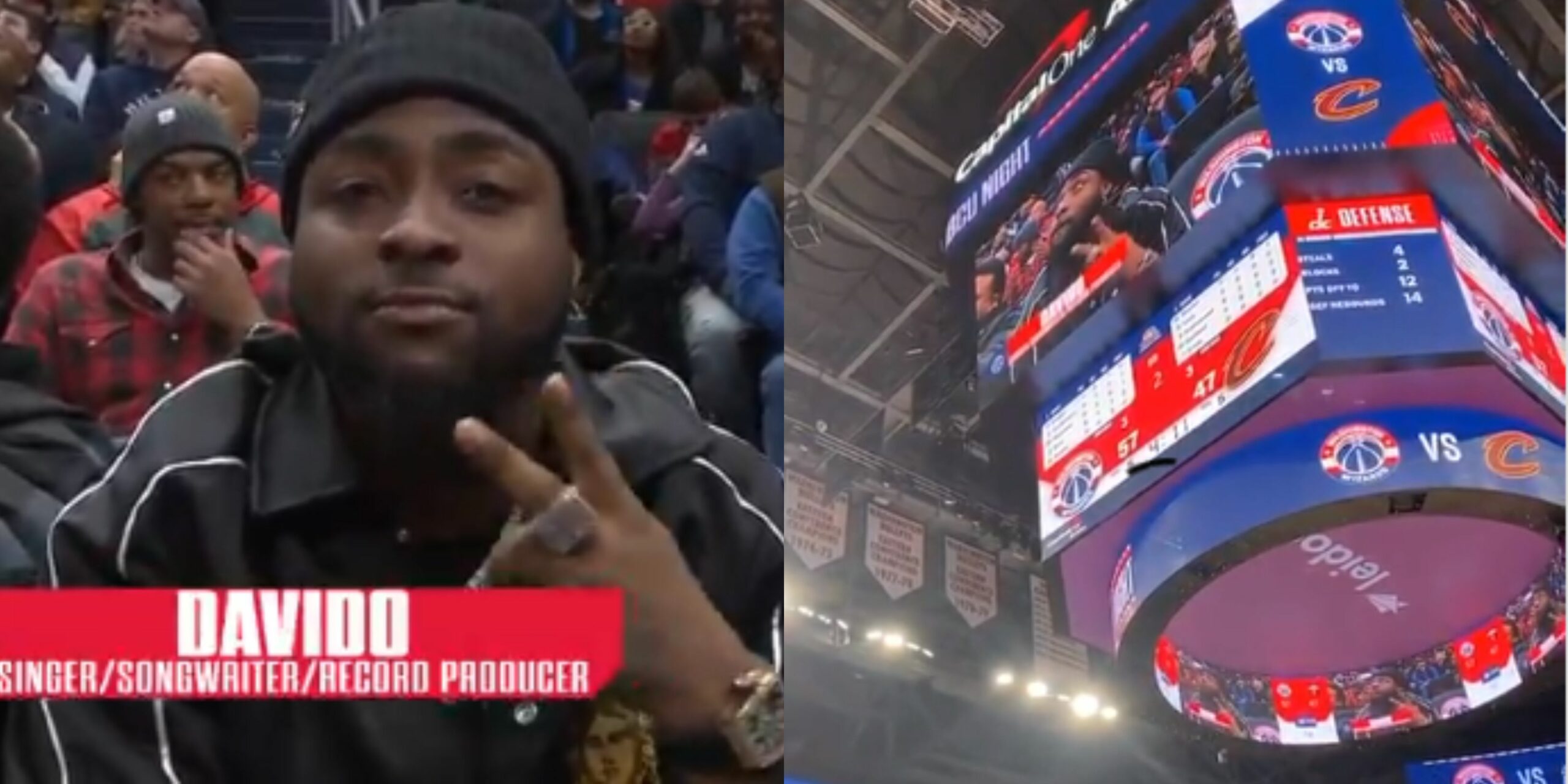 Watch how Davido almost started laughing on Live TV as he gets VIP treatment in an NBA game (Video)