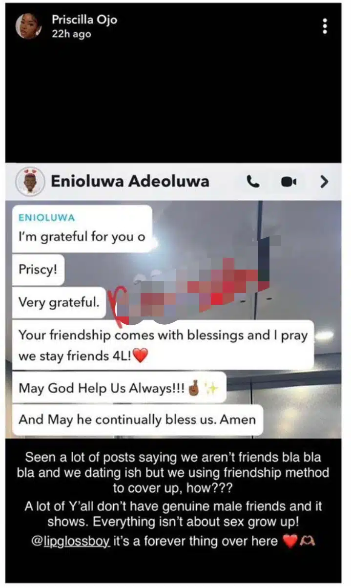 “A lot of you don’t have genuine male friends” – Priscilla Ojo clears air on dating Enioluwa, shares evidence