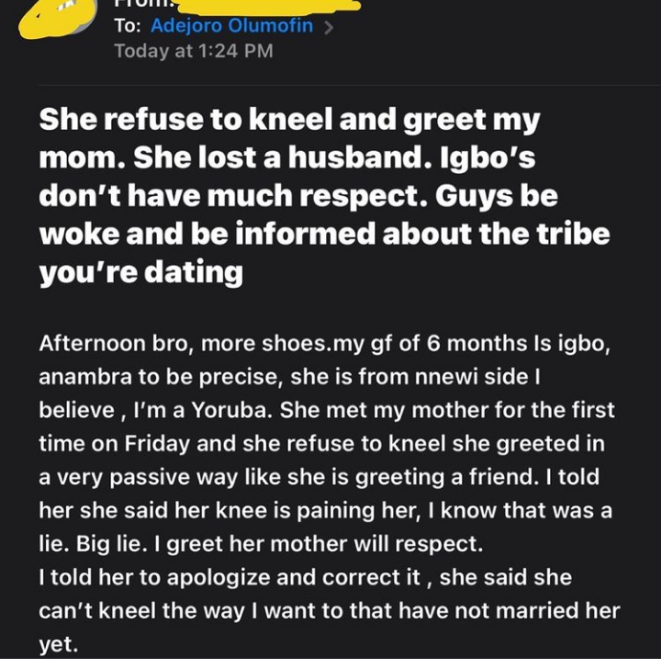 Man Calls Off Engagement With Lover For Refusing To Kneel Before His Mom